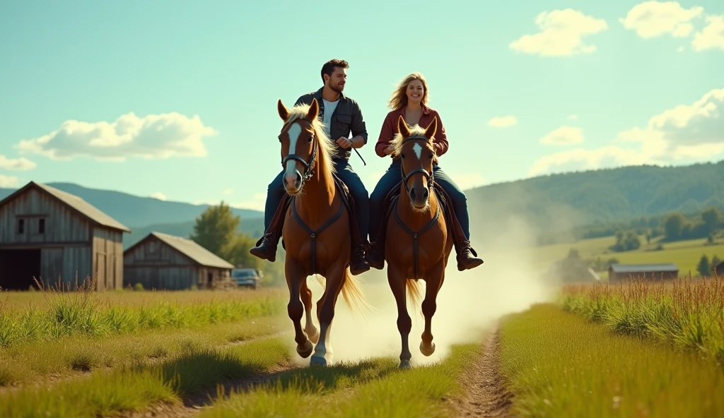 on a farm, during the day, a man, a woman, gallop on a horse, cinematic, realistic, 4k