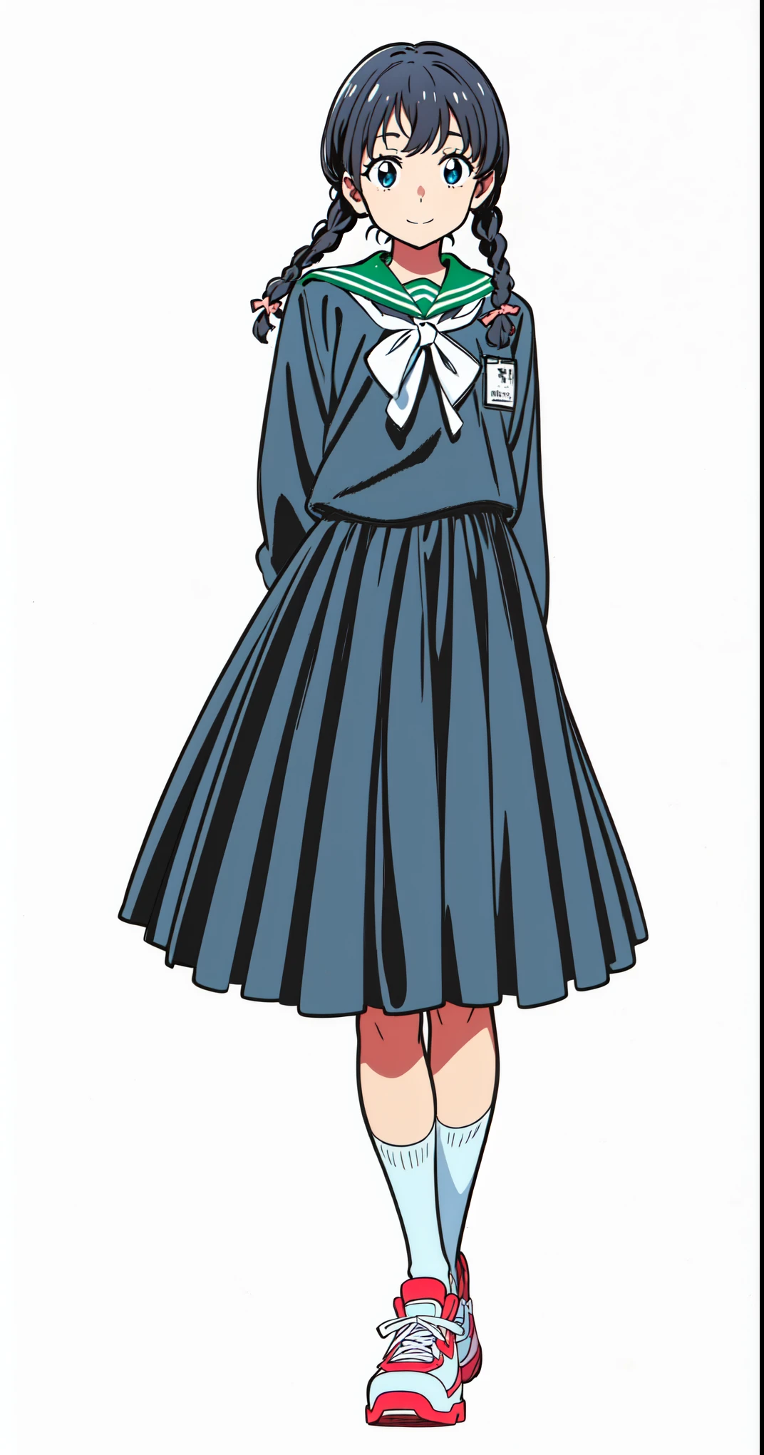 (white background:1.0), (best quality:1.0), (masterpiece:1.0), (super fine illustration:1.0), (beautiful artwork:1.0), (anime screencap:1.0), (official art:1.0), (full body:1.0), (solo:1.0), (a cute girl:1.0), (long skirt:1.0), (dark blue skirt:1.0), (pleated skirt:1.0), (dark blue sailor uniform:1.0), (long sleeve sailor uniform:1.0), (name tag:1.0), (sneakers:1.0), (white socks:1.0), (ideal ratio body proportions:1.0), (lanky:1.0), (tall:1.0), (slender:1.0), (small breasts:1.0), (smaller face:1.0), (tareme:1.0), (smile:1.0), (cheerful:1.0), (detailed beautiful eyes:1.0), (detailed beautiful face:1.0), (glowing black eyes:1.0), (short hair:1.0), (swept bangs:1.0), (twin braids:1.0), (black hair:1.0), (standing:1.0), (looking at viewer:1.0)