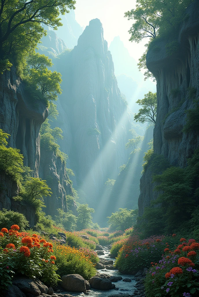 Create a hyper-realistic image of a grandiose natural environment. The scenery should include a dense and gloomy forest, surrounded by rocks and towering mountains. Add areas of gardens and vibrant colorful flowers scattered around, creating a fusion between the vegetation and the rocky environment.

Lighting: Lighting should be soft, highlighting the flowers with rays of light filtered through the trees. The light should create a futuristic and mysterious atmosphere.

