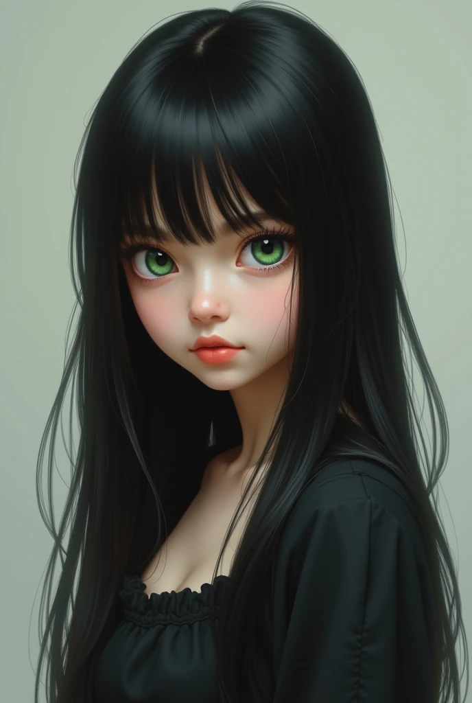 A girl with straight black hair and mysterious green eyes. showing the whole body,not anime style