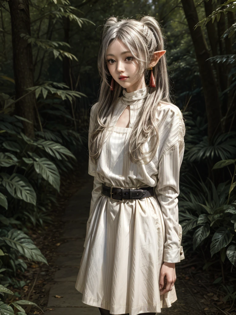 masterpiece, best quality, absurdres, 1girl, solo, FrierenBase, long hair, twintails, earrings, white capelet, striped shirt, horizontal stripes, long sleeves, belt, white skirt, gold-trim, black pantyhose, arms behind back, outdoors, forest,