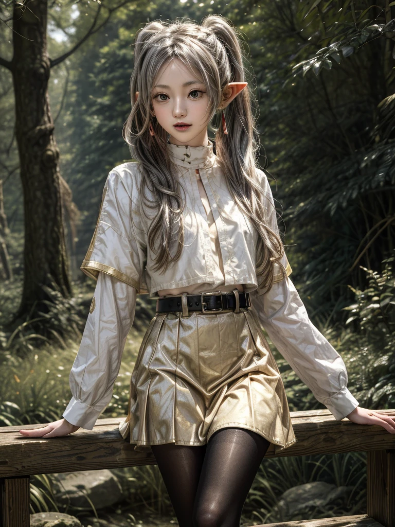 masterpiece, best quality, absurdres, 1girl, solo, FrierenBase, long hair, twintails, earrings, white capelet, striped shirt, horizontal stripes, long sleeves, belt, white skirt, gold-trim, black pantyhose, arms behind back, outdoors, forest, 