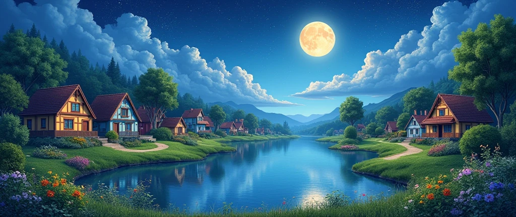 An amazing photo with beautiful houses, beautiful trees next to it, lake, grass, flowers, night sky, stars, moon