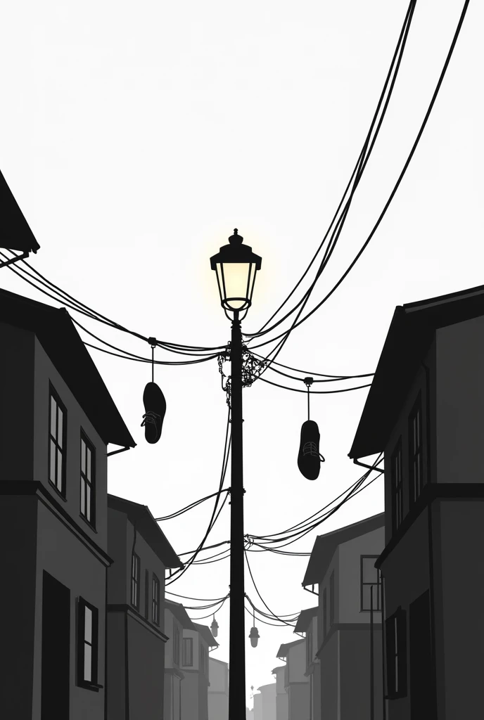 lamp post with houses and wires on the wire some shoes hanging black and white drawing vector illustration 
