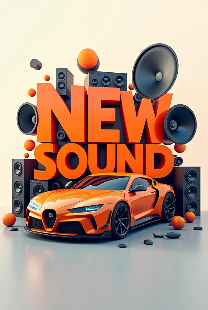 I want you to generate an image for me that has the words New Sound in capital letters, N and S, with an elegant font., They should wear lots of matching orange colors and put speakers and car sound systems around them, but don't put people in them, but cars.