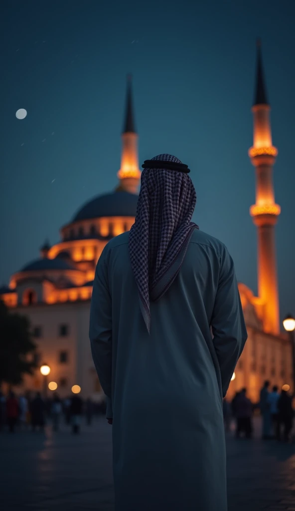 A man standing showing his backside wearing a jubba and middle eastern ghutra is secured on the head with black cord, in the background there is a Turkey mosque having dark sky with some stars, this should be a night scene for wallpaper ((High Quality,Low light,Sodium light))