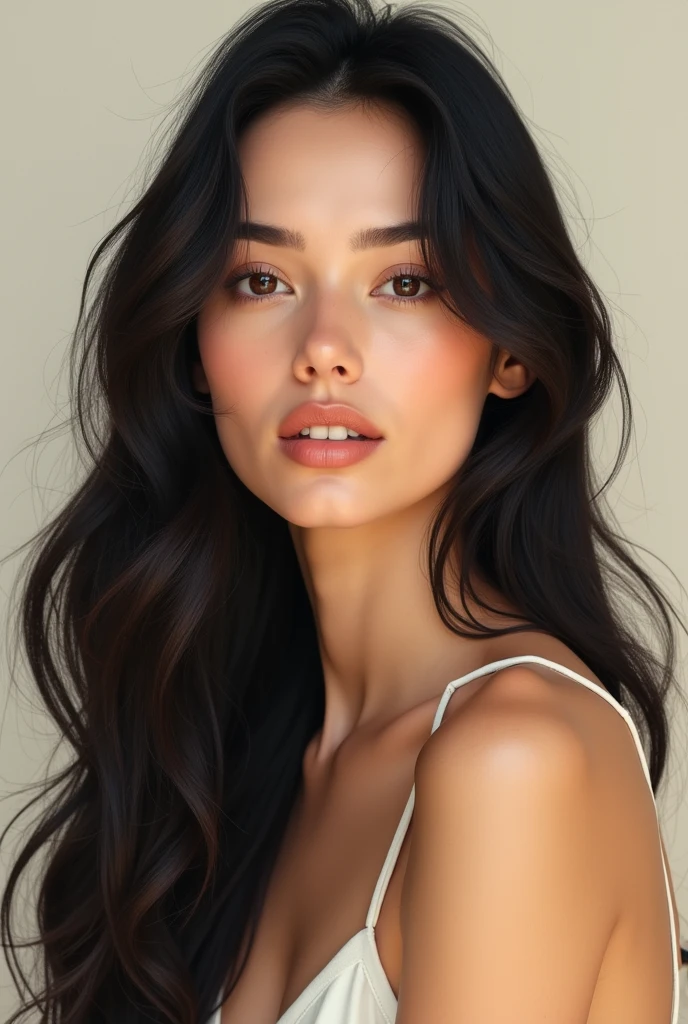 a white woman who has and long black hair for oil brand advertisement but  
natural

