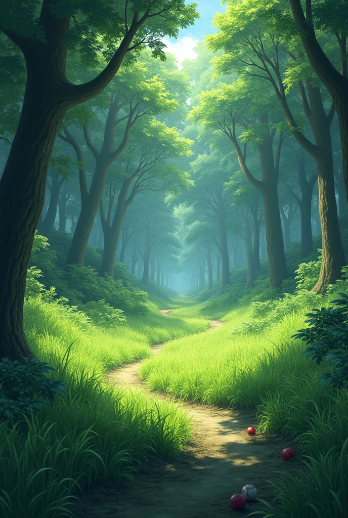 Realistic dense forest with grassy paths and places with tall grass where Pokeballs lie