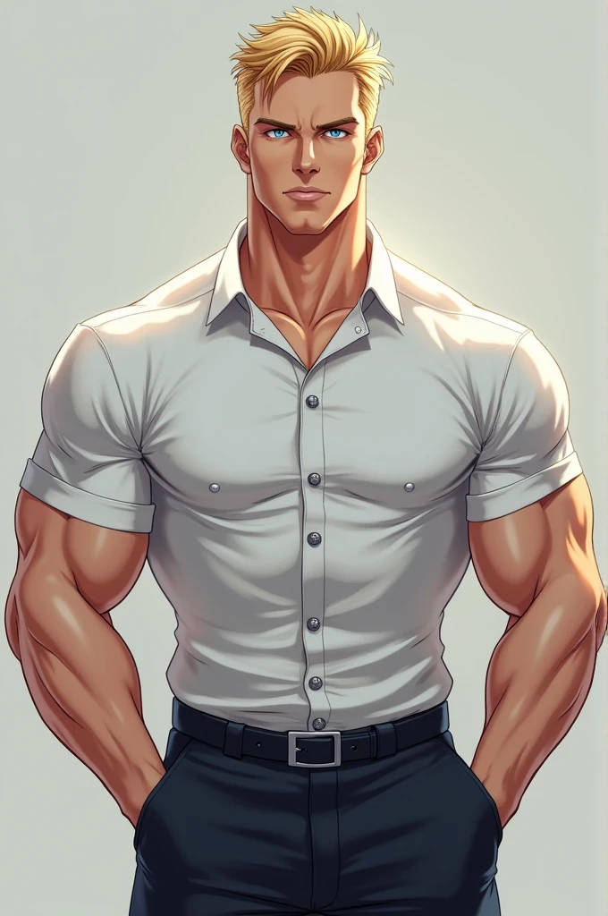 muscular man, blond light blue eyes. Looks like a teacher