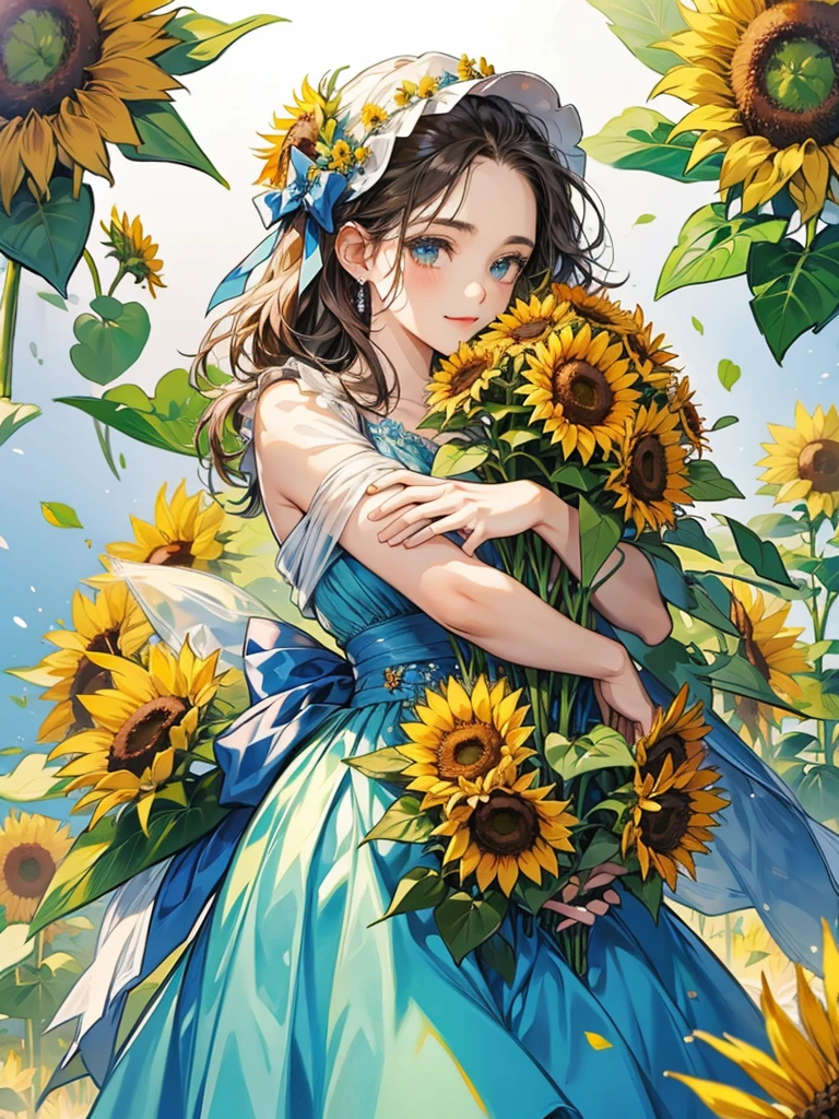 Female, Hug a bouquet of sunflowers