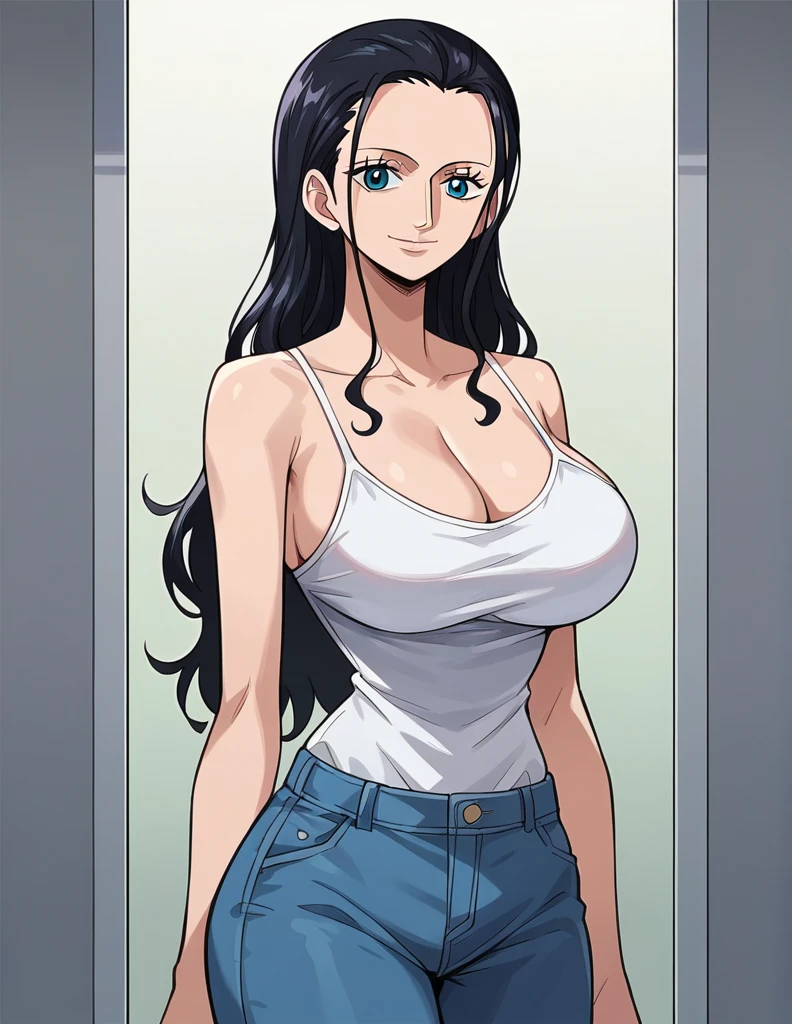 score_9, score_8_up, score_7_up, source_anime, best quality, clear face, 1girl, Nico Robin, black hair, long hair, blue eyes, large breasts, white camisole, cleavage, smile, looking at viewer, indoor, from front, full-body 