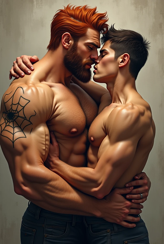 A male, with very strong and veined arms, hairy chest, with marked abdomen, a very penetrating look, eyes the color of honey, with beard, a tattoo on the left elbow of a spider web, redhead, with a marked penis, doing a pose, showing his strong arms. Kissing a young, skinny guy