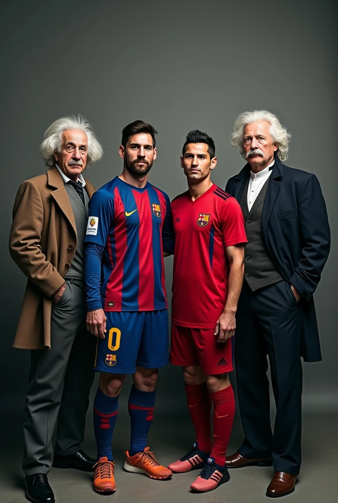 A photo Messi, Ronaldo and Albert Einstei, newton
together