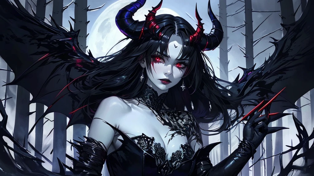 ((demon)),rpg,((big claws)),((devil with big horns)), strong upper body, devil skin, skins, ((wings)),(demon armor),((blood splashes)),skull on the ground,((blood ritual)),elegant regal succubus,((black lipstick, long black hair, red eyes)), seductive expression,((evil demeanor)),((sultry gaze, luxurious black gown)), elaborate headpiece,((dark and mysterious background)),((ethereal aura, intricate lace details)), alluring charm, dark seduction, captivating beauty, hypnotic presence, divine sensuality, enchanting temptress, seductive power, mesmerizing allure, forbidden desires, bewitching enchantment, seductive aura, tempting spell, mythical creature, otherworldly beauty, seductive darkness, mesmerizing gaze, supernatural elegance, sensual mystique, intoxicating presence, irresistible grace, magnetic attraction,

dark, night, ((snowy pine forest at night)),with dark stormy clouds,winter,scenery:1.25,intricate scenery,((snow forest background)), 

(Glossy winter ornaments), highres, sharp focus,(ultra detailed,extremely detailed),(photorealistic artwork:1.37),(extremely detailed CG unity 8k wallpaper),(((vibrant colors,vibrant theme))),(intricate),(masterpiece),(best quality),