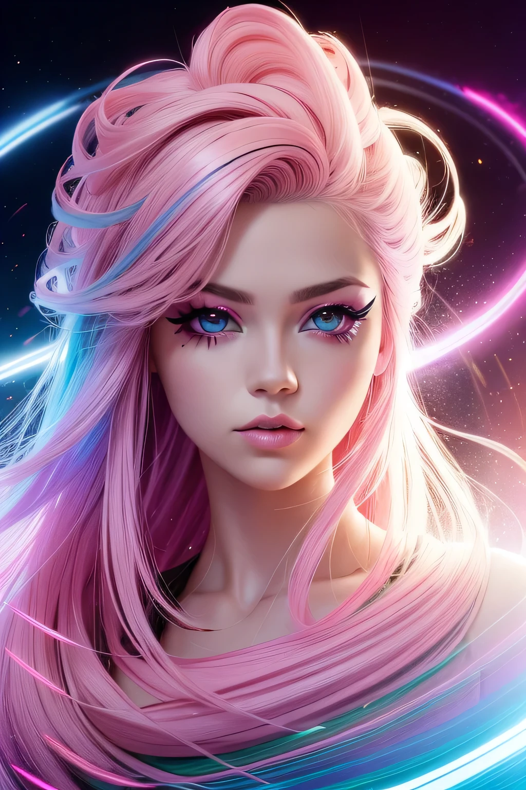1girl, pure rainbow background, ((rainbow swirling vortexes colourful hair)), wear white fur coat, ((medium Hair, pink eyes)), front, emotional face, ((cowboy shot, studio light, studio, HDR, raw photo, film grain, cinestill 50d , anamorphic lens , 35mm lens , sci-fi movie scene,)), (((makeup portrait, pink eye shadow)))