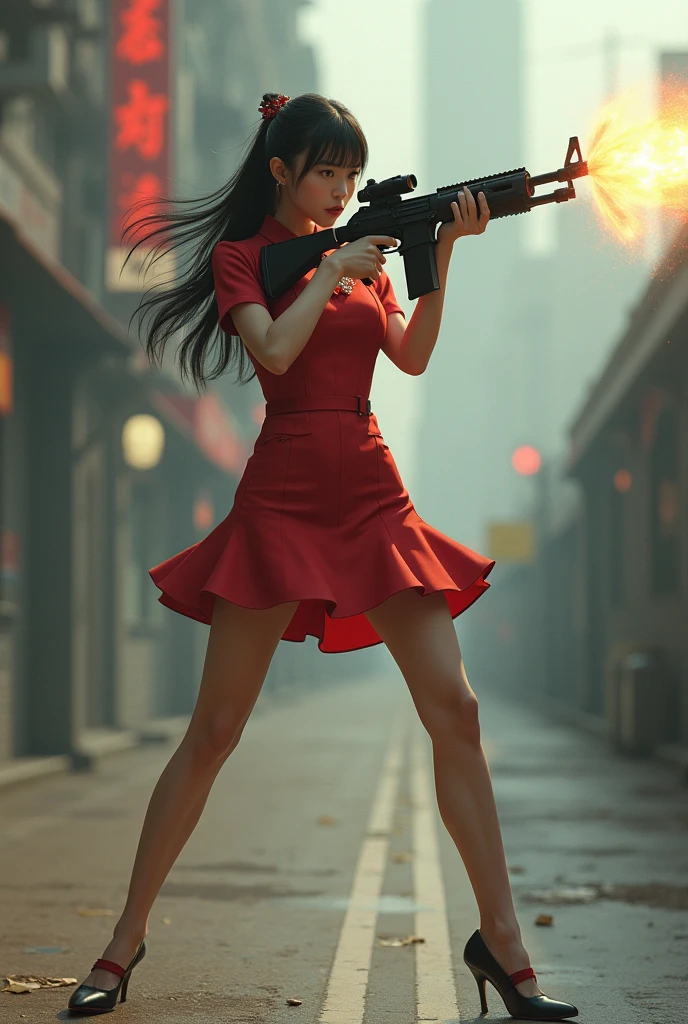 beautiful chinese flight stewardess mini dress realistic long machine gun toting real person legs spread apart standing rampage shooting side target facing panty