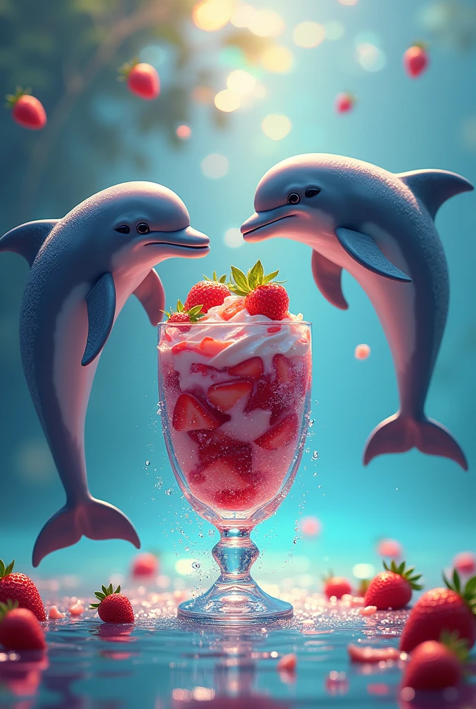 Dolphins jumping over the water to eat a glass of strawberries with cream but with rainbow colors coming out 