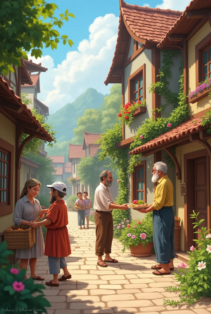In the next scene, depict villagers performing acts of kindness—helping neighbors, sharing food, and offering kind words