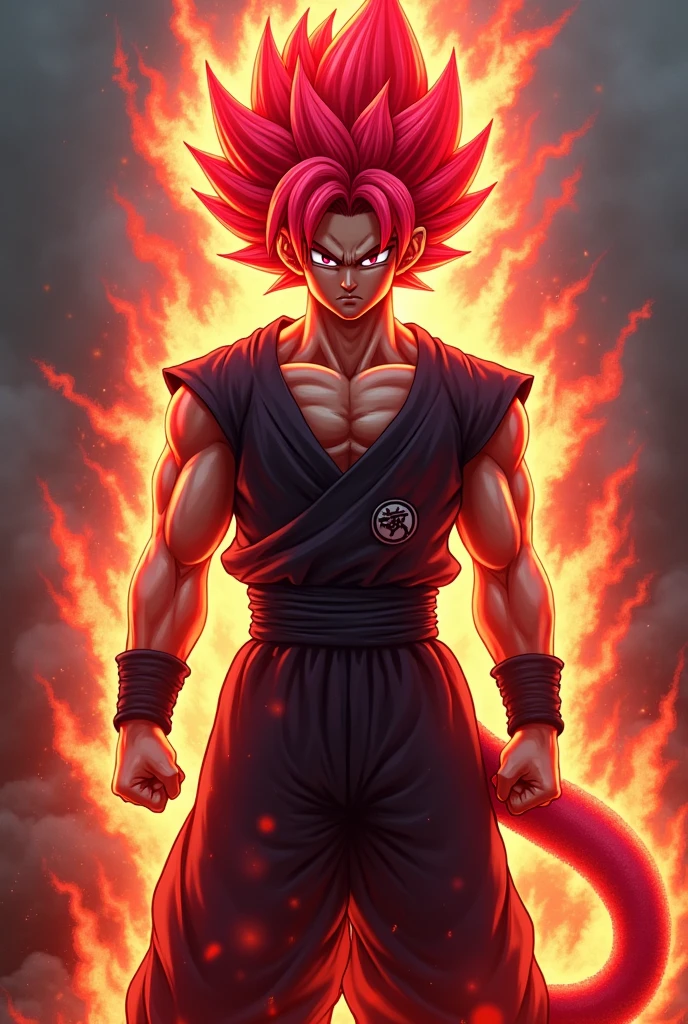 A super saiyajin with pantone 166 hair and the aura is pantone 166 and red, the eye color is pantone 166 with black pupil. A black gi with red lines and under the ki a black and long sleeve muscle shirt with red stripes and the saiyajin tail is also pantone 166