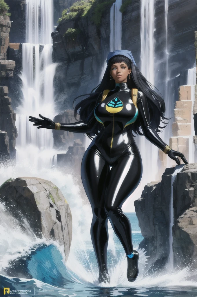 Arafat woman wearing a diving suit standing in front of a waterfall, WLOP inspired digital signage, Artstation contest winner, Imagination art, graceful. Hinge, thicc, Mother Earth is full form, shiny skin, Dark skinned female goddess of love, Thick body, Soft black lioness, Spongebob Wrap, deep black skin