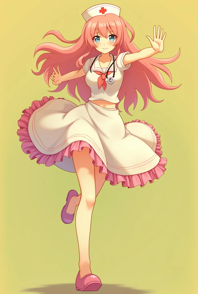 adult sailor, adult woman, with a stethoscope, with a nurse's cap and a white dress, in dress, run, cute anime waifu with a nice dress., I will also make fanart., Arte Zerochan, madeline de celeste, retro anime girl, Joy the Pokémon, squid girl female pink humanoid, pink hair, blue eyes, !!Whole body portrait!!, Whole body!, High quality fanart, in a shiny skirt, with serious contempt.
