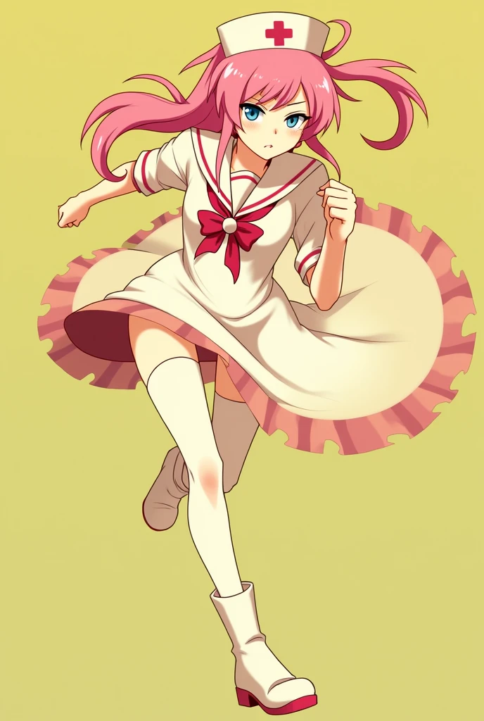 adult sailor, adult woman, with a stethoscope, with a nurse&#39;s cap and a white dress, in dress, run, cute anime waifu with a nice dress., I will also make fanart., Arte Zerochan, madeline de celeste, retro anime girl, Joy the Pokémon, squid girl female pink humanoid, pink hair, blue eyes, !!Whole body portrait!!, Whole body!, High quality fanart, in a shiny skirt, with serious contempt.