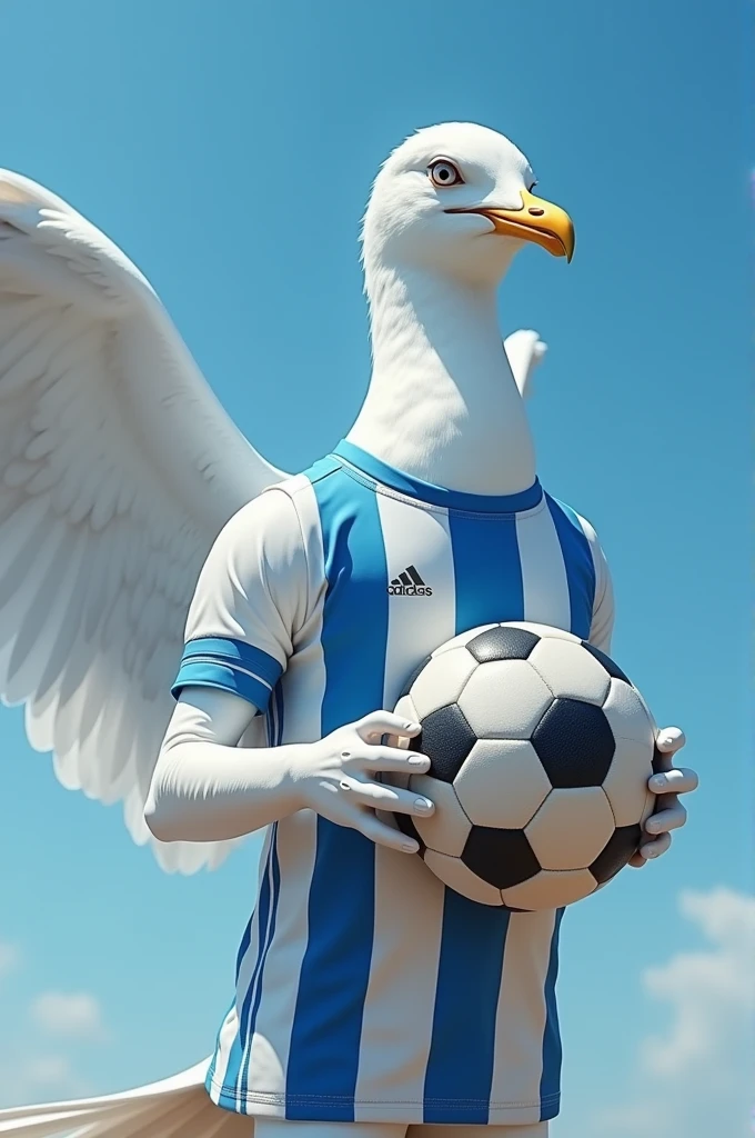 White seagull in a blue and white striped football shirt and holding a football 