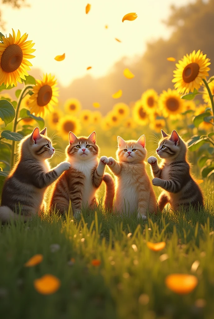 cats in the sunflower field making name "Emina" with their paws