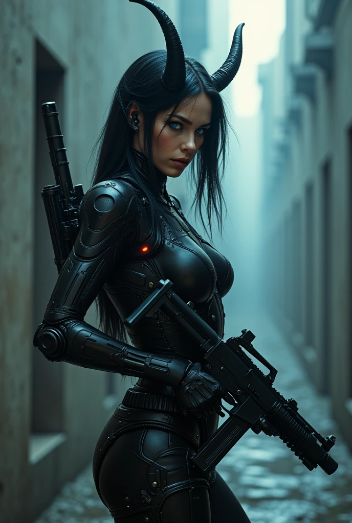 cinematic film still style Sin City Movie
a woman with a gun in his hand, bionic, transhuman, Dystopia, Dystopian, kakotopia, Science fiction, high tech, low life, societal collapse, Artificial, Posthuman, future, futuristic, Artificial intelligence, Cyborg, genetically-enhanced humans,sci-fi,Cyberpunk Style,1girl,solo,looking at viewer,blue eyes,black hair,weapon,horns,black background,science fiction,kusanagi motoko , Cyberpunk Style, shallow depth of field, vignette, highly detailed, high budget, bokeh, cinemascope, moody, epic, gorgeous, film grain, grainy