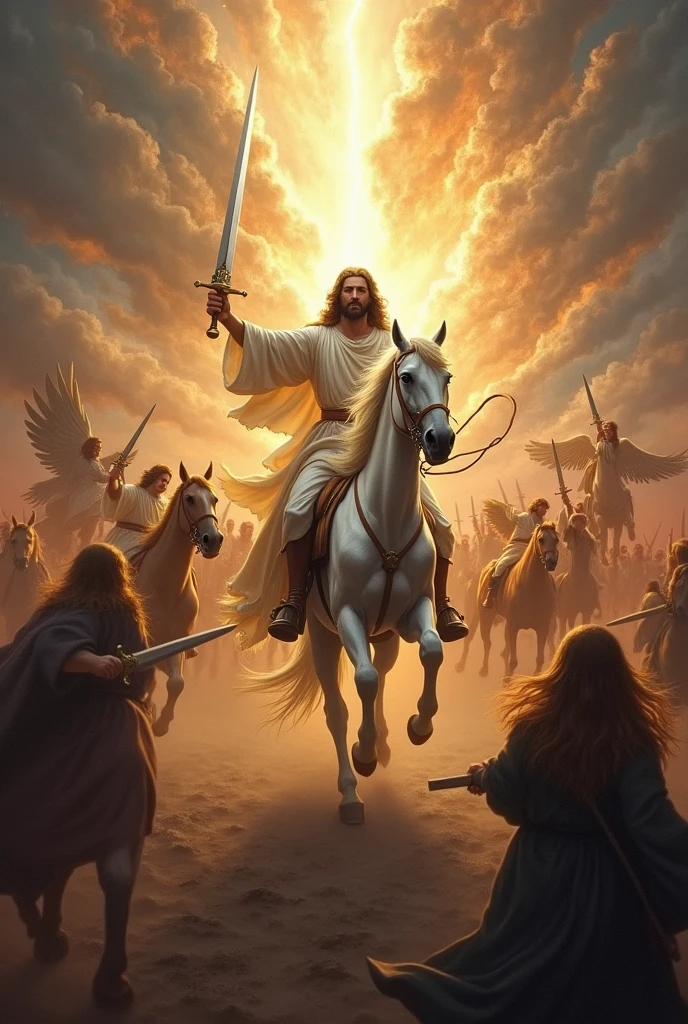 With a background of thunders and fire and jesus descending from heaven on Horse with a sword in his hand and his army of angels on horses holding swords in their hands to defeat satan
