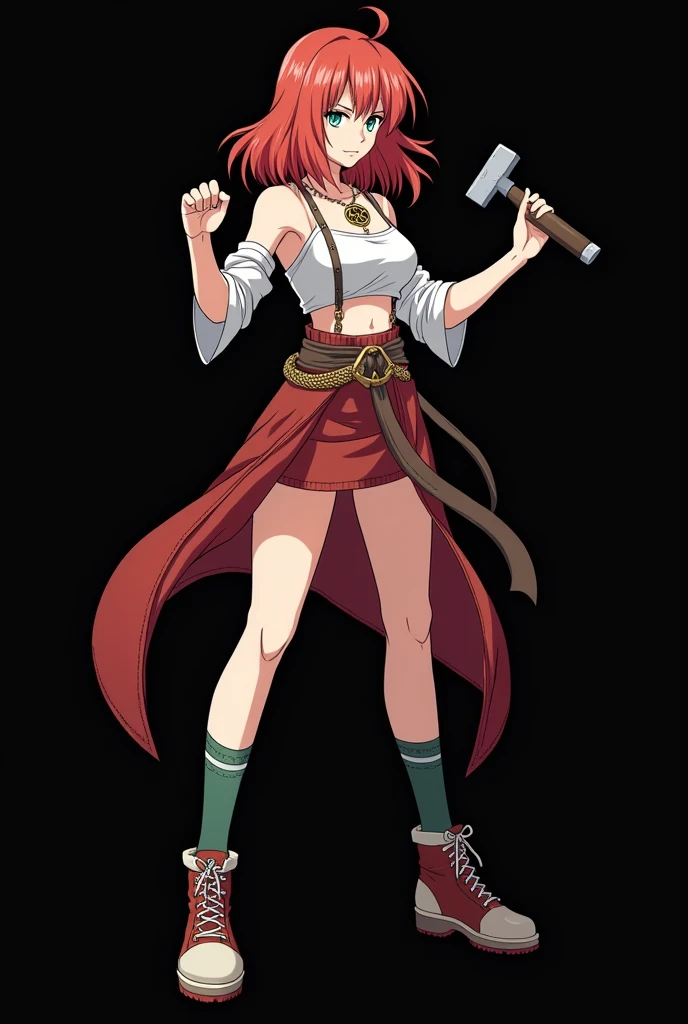 A full body image of an 1 girl named Hana Watanabe, personagem do anime "dragonball z", she is very beautiful, with medium length straight fire-colored hair with two white highlights in the front, framing your face. She has blue-green eyes and pale skin.. she is a Wiccan, she is in fighting pose. she wears a pentagram necklace, croped, glued skirt, beautiful women's shoes and ¾ socks, she holds an ordinary hammer and nails. It is drawn with Akira Toryama's animation. black backdrop.