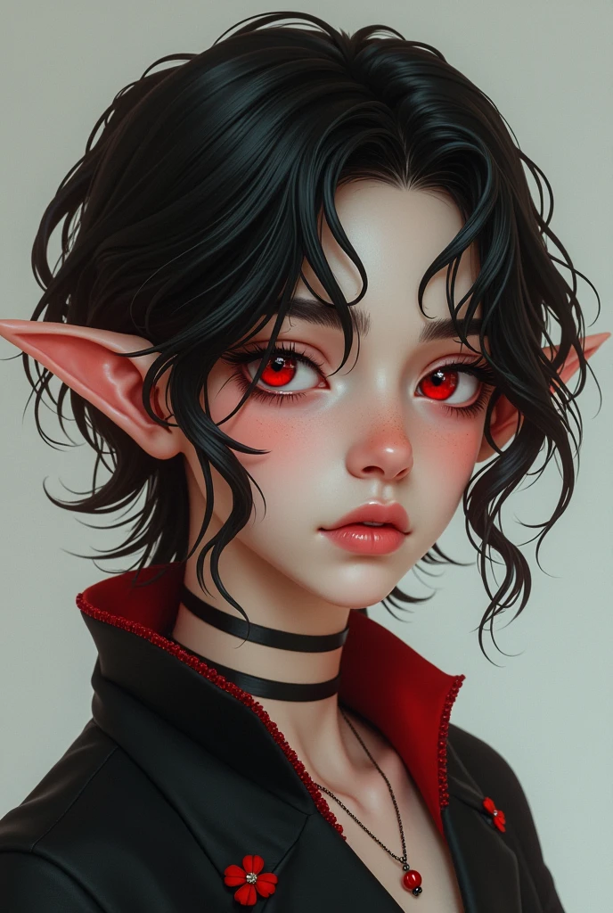 Lily Vanruj, a boy with feminine appearance, multicolored hair, highlighted hair, black hair, Red hair, slits in the eyes, Red eyes, brown with side-swept bangs, with strands of hair that look like ears
