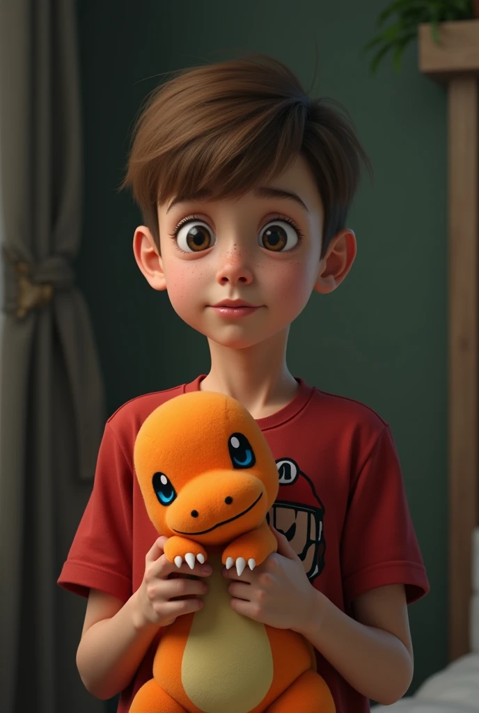 create a realistic  boy with a red shirt with mario bros face print , very short, light brown hair and fair skin, lightbrown eyes, fine nose, no freckles,thin body holding plush pokemon charmander in hand, sad little face of nausea