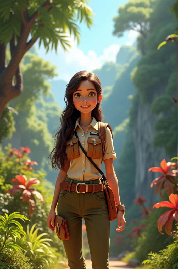 Create a 3D poster inspired by Pixar, capturing a scene from a , long dark brown hair, green eyes dressed as a tourist guide