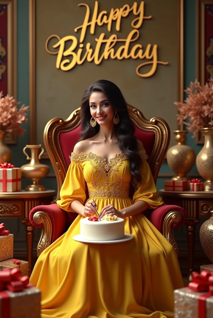 create realistic illusion image of a 24 old girl is sitting on king chair wear
yellow Pakistani dress and she is cutting birthday cake there are many royal gifts kept to it and MAAN birthday
,3d text is written on the wall