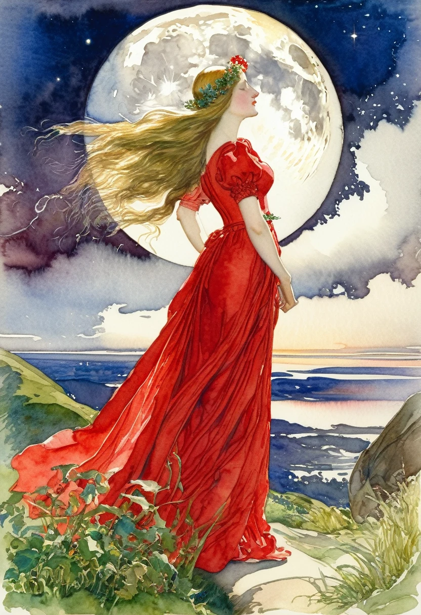 Lady in red, fairytale full moon ((style Eleanor Fortescue-Brickdale)), ((Watercolor painting)), Very colorful, highest detail, ((masterpiece)), Complex Key, ((single shot)), impression, highest detail, perspective, 8k