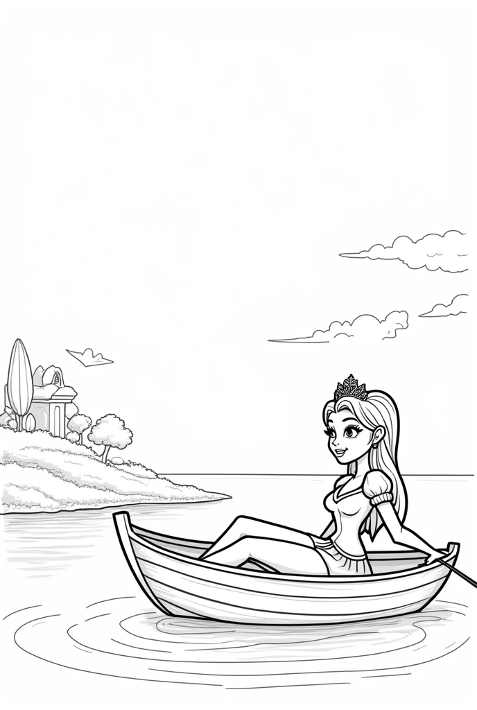 Stress-free coloring, page with image of a princess on a boat with a sea scene around with an island in the background, style cartoon, linhas grossas, uncolored, totally white background, only lines. Beautiful appearance.
