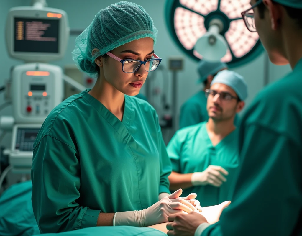 Aishwarya Rai as surgeon, wearing green scrubs, wearing skull cap, wearing surgical glasses, talking with male patient on gurney, in operation theatre, fullbody view, topdown view,