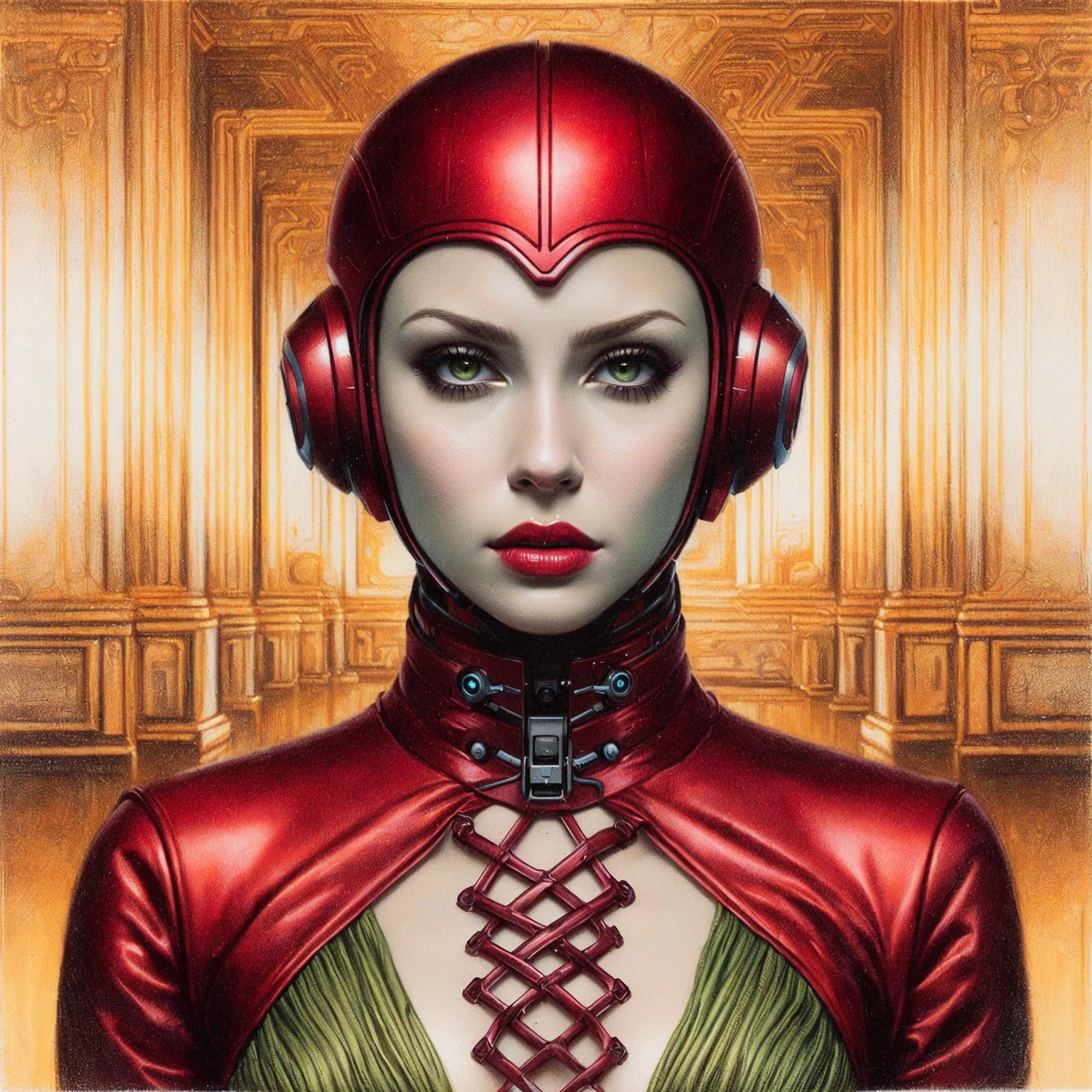 A close-up of a woman wearing a red helmet and headphones, artgerm julie bell beeple, Portrait of a science fiction woman, retrofuturistic female android, 8 0's style tomasz alen kopera, portrait of a cyborg queen, Portrait of a female android, inspired by hajime sorayama, a futuristic woman Selk'male