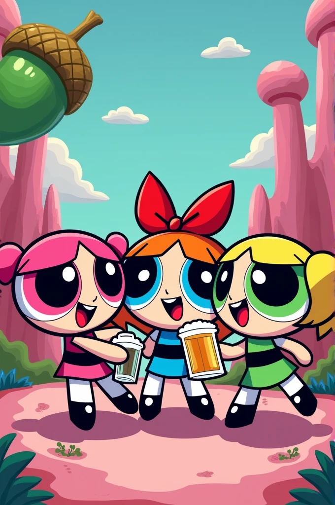 the powerpuff girls cartoons drinking alcohol and laughing together, green acorn, pink candy and blue bubble , respect their colors