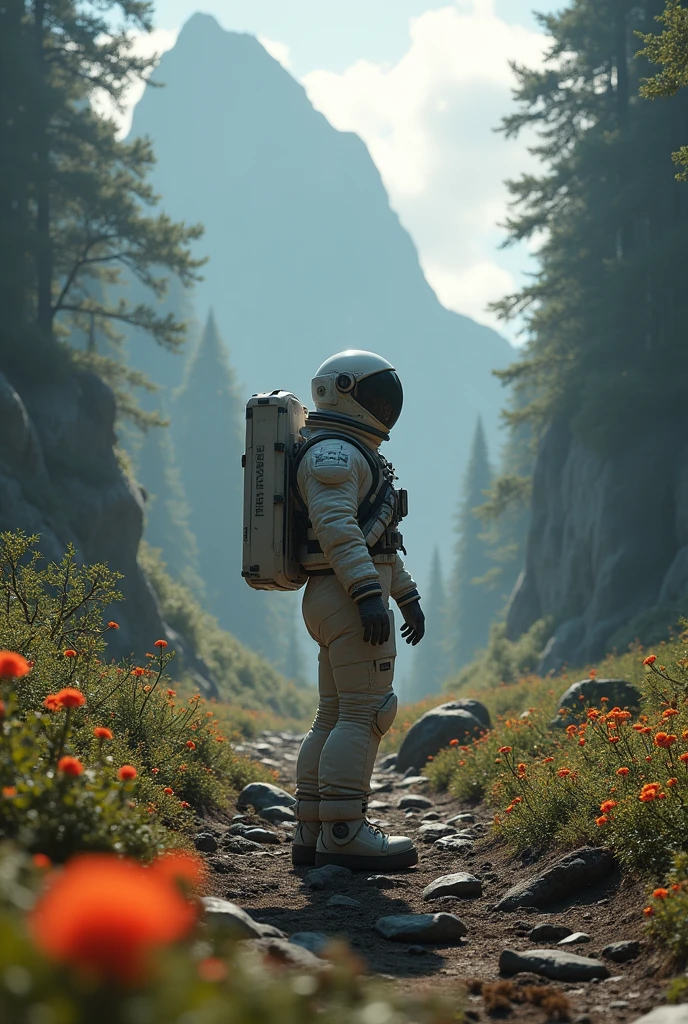 masterpiece, Highly detailed RAW color Photo, wide shot, Full Body, of (Young Woman space soldier, wearing brown and white space suit, helmet, tinted face shield, rebreather, accentuated booty), outdoors, (looking up at advanced alien structure, on alien planet), toned body, big butt, (mythpunk), (mountains:1.1), (lush green vegetation), (two moons in sky:0.8), (highly detailed, hyperdetailed, intricate), (lens flare:0.7), (bloom:0.7), particle effects, raytracing, cinematic lighting, shallow depth of field, ((RAW, analog style)), cinematic lighting, atmospheric lights, god rays, ultra detailed, bloom, dramatic atmosphere, centered, rule of thirds, f/4, 17mm, Aerial Shot,