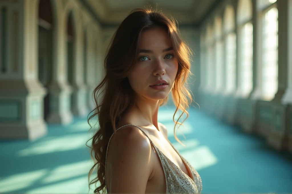 fot, taken from a distance seen full length, Female model, She is very young, plein-air, in a ballroom, sexy short dress, medium hips, Caucasian skin, sad for a lost love, long brown hair, a softened wry smile - contained excitement, Soft lighting on your face, realistic skin-clothes-hair textures, sky blue eyes carpeted mist, beautiful real textures and delicate aesthetics, full body view, playing an 8 bass harmonica, notable for natural feminine beauty, noise, 8 k quality, FOTO RAW, by professional photographer, rule of thirds, Extremely Detailed