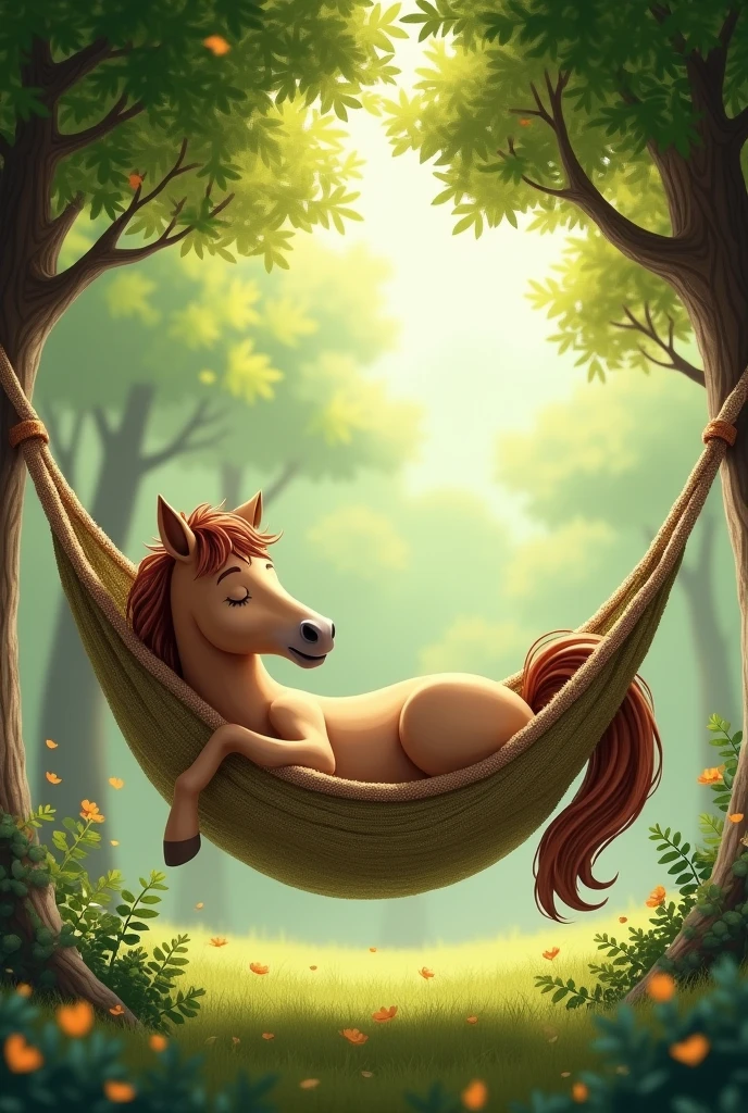 Horse lying in a hammock hanging between two trees 
