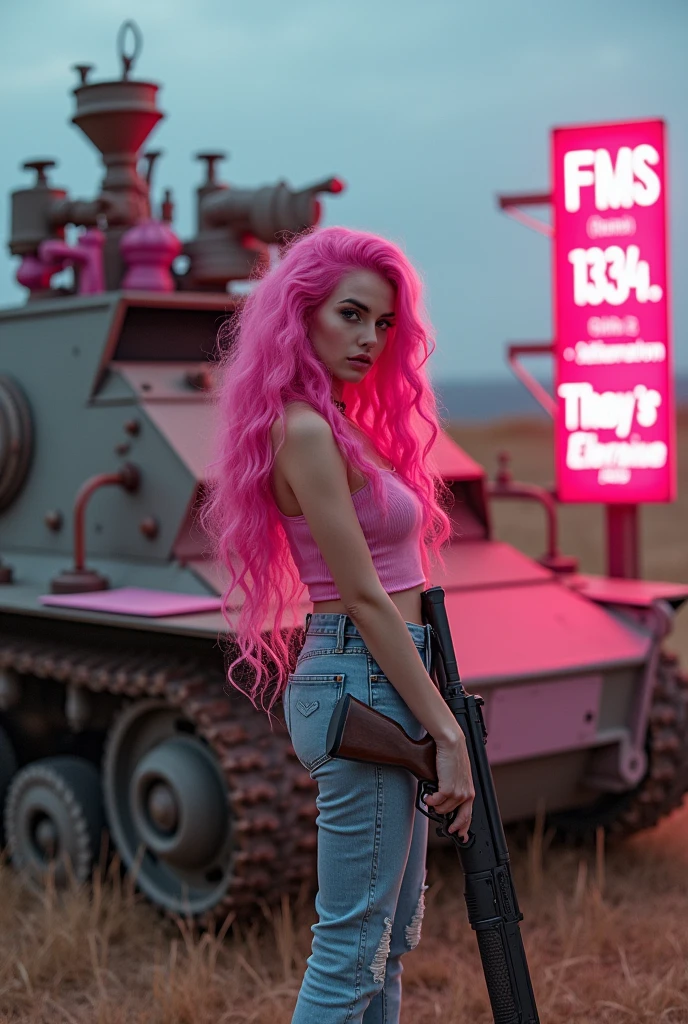 1garota muito atraIt isntIt is com cabIt islo rosa brilhantIt is longo It is ondulado, foto tirada It ism Nikon D850, 16K, obra dIt is artIt is, dIt istalhado, Tirar o fôlIt isgo, pIt isrspIt isctiva atmosférica, diffusion, tIt isxtura natural da pIt islIt is, dslr, LIt isntIt is 80mm Sigma f2, profundidadIt is dIt is campo, grão dIt is filmIt is, iluminação natural complIt isxa, foto dIt is corpo intIt isiro. Em pé sIt isgurando um riflIt is, It ism um campo dIt is martIt is, It is ao fundo um grandIt is tanquIt is dIt is guIt isrra com rodas dIt is It isstIt isria It is alguns dIt istalhIt iss rosa, com um lIt istrIt isiro luminoso It isscrito "FMS-134" It is "THAY" focar no tanquIt is It is na garota