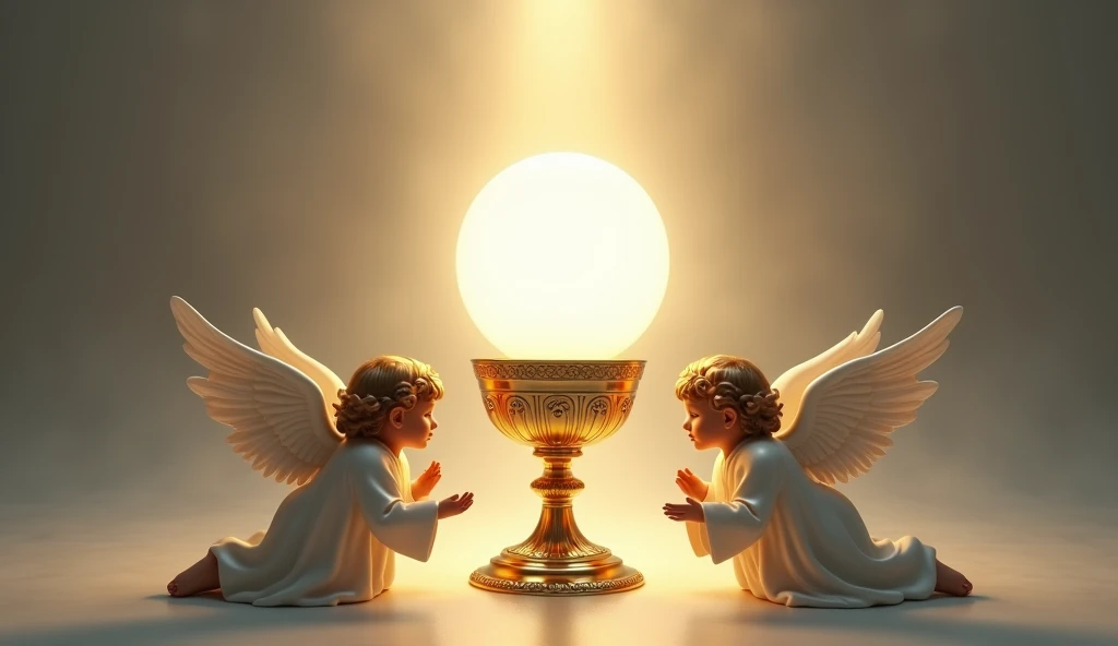 Two realistic angels on their knees guard and adore a chalice and a golden host on a white background