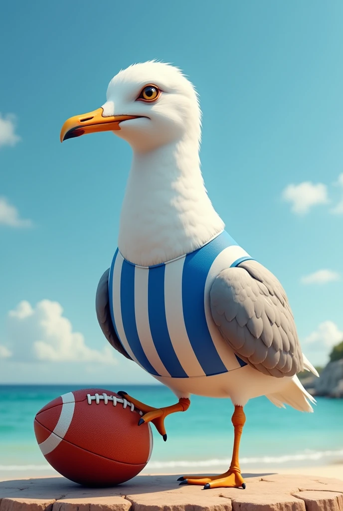 White seagull wearing a blue and white striped football shirt and holding a football at its foot