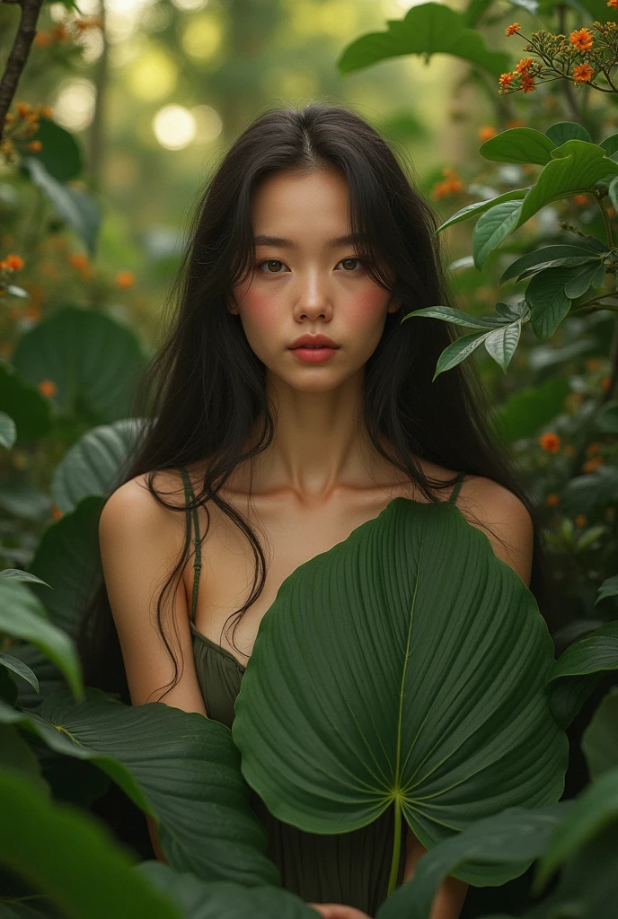 A beautiful young girl in a lush garden, her delicate features framed by long, flowing hair, covering her bare breasts with large green leaves, serene and peaceful expression, photorealistic, cinematic lighting, highly detailed, intricate and realistic foliage, warm color tones, (best quality,4k,8k,highres,masterpiece:1.2),ultra-detailed,(realistic,photorealistic,photo-realistic:1.37),portrait,nature,natural scenery