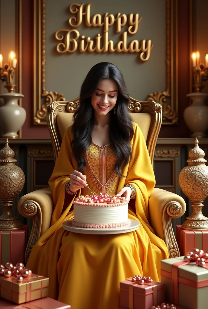 create realistic illusion image of a 24 old girl is sitting on king chair wear
yellow Pakistani dress and she is cutting birthday cake there are many royal gifts kept to it and MAAN birthday
,3d text is written on the wall
