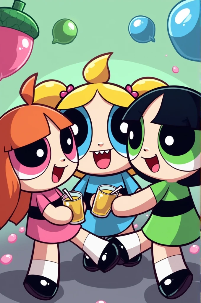 The powerpuff girls drinking alcohol laughing all together , green acorn, pink candy and blue bubble.. Please respect their colors 