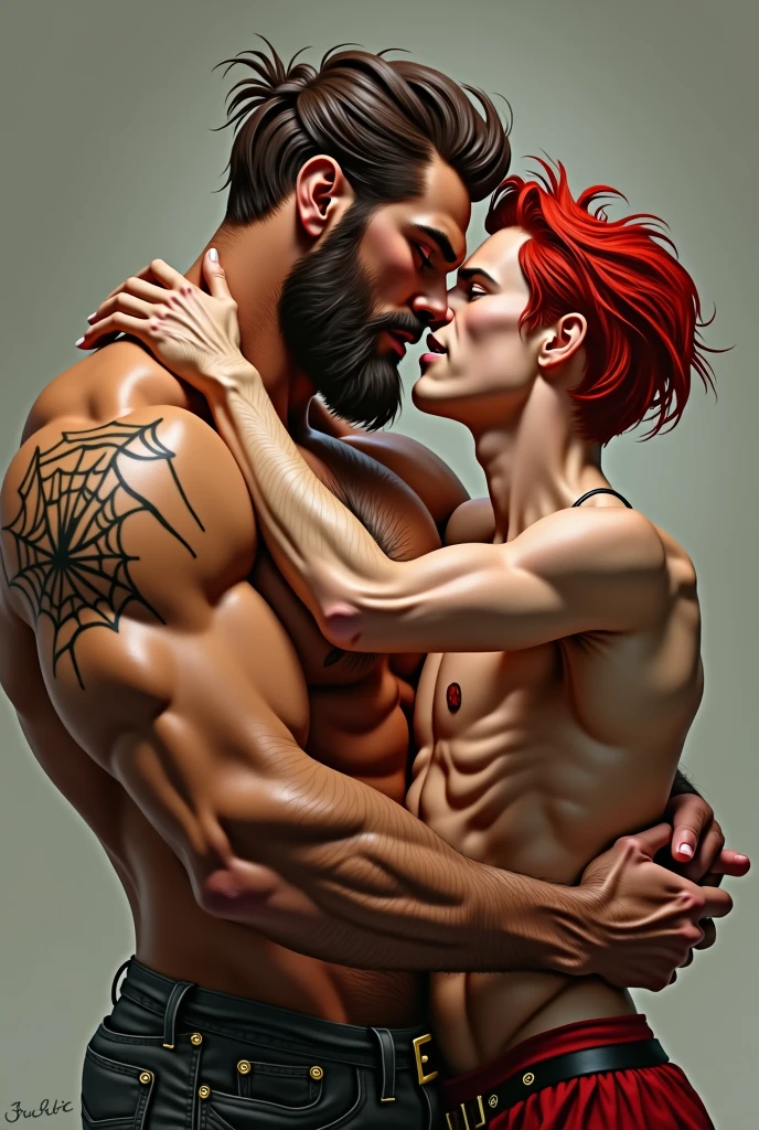A male, with very strong and veined arms, hairy chest, with marked abdomen, a very penetrating look, eyes the color of honey, with beard, a tattoo on the left elbow of a spider web, redhead, with a marked penis, doing a pose, showing his strong arms. Kissing a young, skinny guy